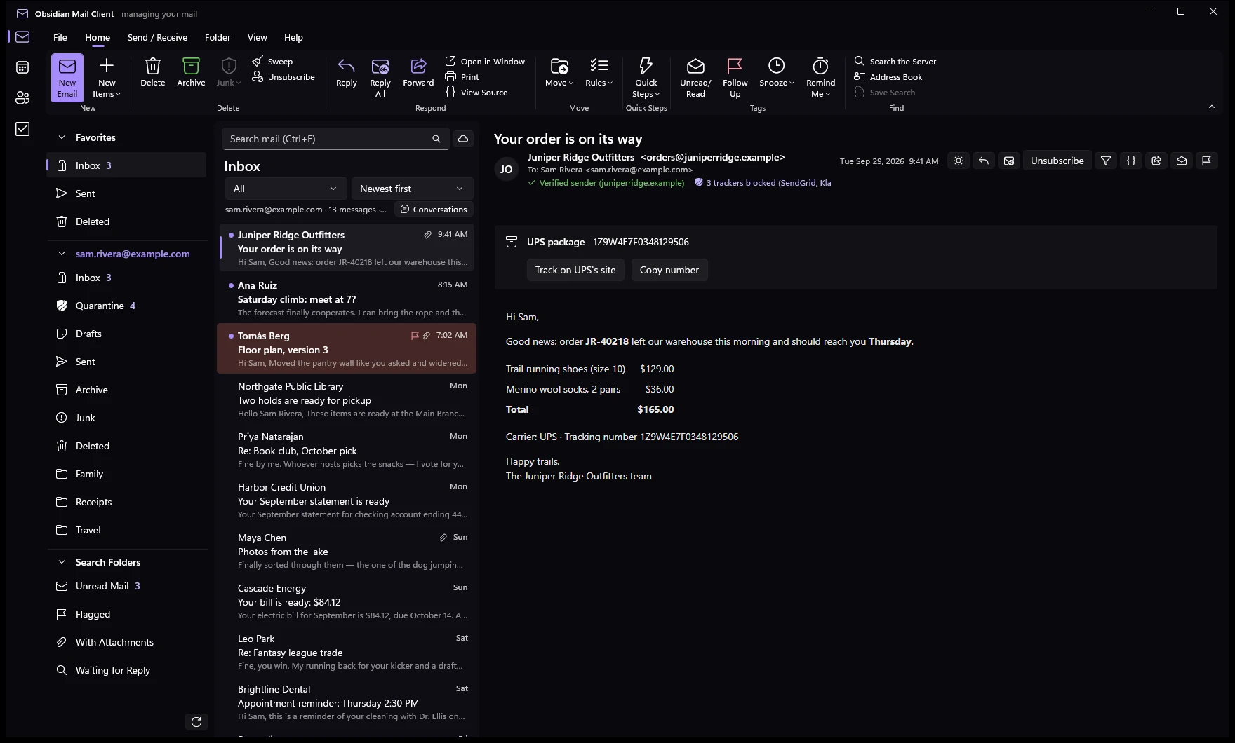 Obsidian Mail Client in the Obsidian theme, showing made-up mail: the ribbon's Home tab, the folder pane with Favorites, Quarantine and Search Folders, the Inbox, and an order confirmation open in the reading pane with a verified sender, three trackers blocked and a UPS package card.