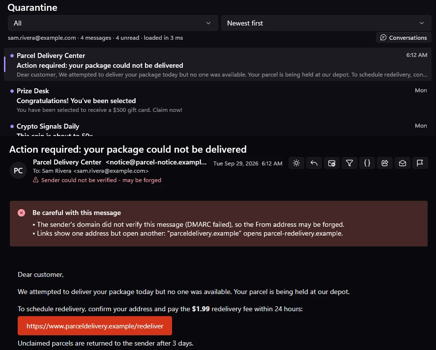 The Quarantine folder with made-up spam: a fake delivery notice open under a Be careful with this message warning - the sender failed DMARC, and its link shows one address but opens another.