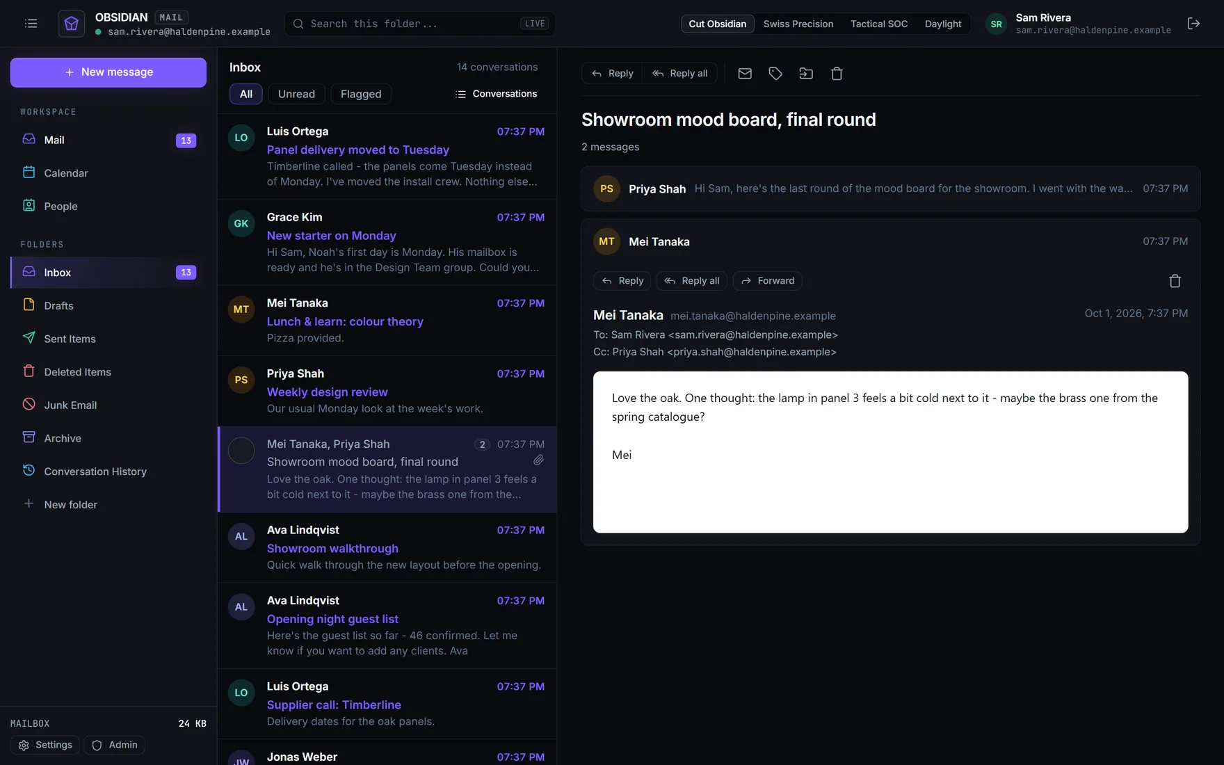 Obsidian Mail Server webmail with made-up mail for a fictional company: the folder pane, the Inbox as conversations, and a two-message conversation about a showroom mood board open in the reading pane with a PDF attachment.